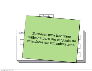 Fornecer um
                            uniﬁcada pa     a interface
                                        ra um conjun
                            interfaces em            to de
                                          um subsistem
                                                        a




Tuesday, September 13, 11
 