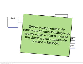 Evitar o acop
                            remetente d        lamento do
                                        e uma solicit
                             seu receptor              ação ao
                                          , ao dar a ma
                             um objeto a o              is de
                                            portunidade
                                  tratar a solic          de
                                                 itação




Tuesday, September 13, 11
 