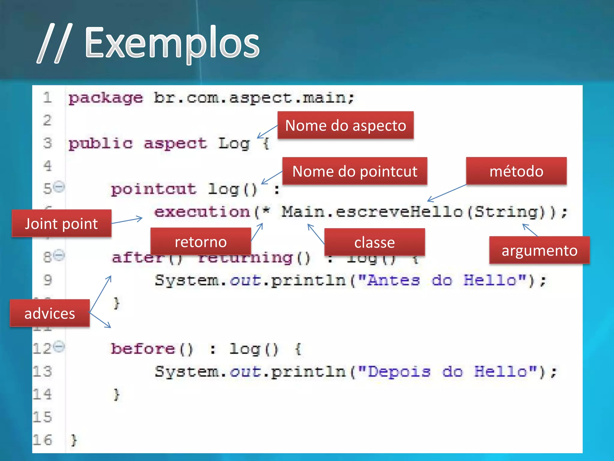 // ExemplosNome do aspectométodoNome do pointcutJoint pointretornoclasseargumentoadvices