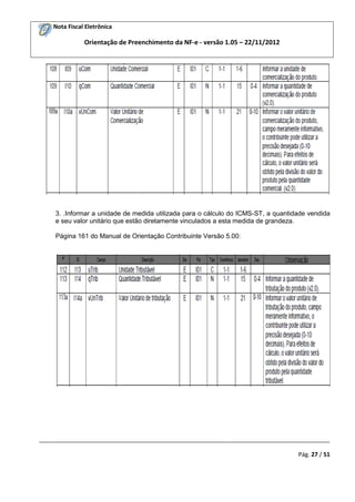 Nota Fiscal Eletrônica
Orientação de Preenchimento da NF-e - versão 1.05 – 22/11/2012
_________________________________________________________________________________________
Pág. 27 / 51
3. .Informar a unidade de medida utilizada para o cálculo do ICMS-ST, a quantidade vendida
e seu valor unitário que estão diretamente vinculados a esta medida de grandeza.
Página 161 do Manual de Orientação Contribuinte Versão 5.00:
 