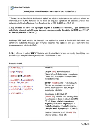 Nota Fiscal Eletrônica
Orientação de Preenchimento da NF-e - versão 1.05 – 22/11/2012
_________________________________________________________________________________________
Pág. 42 / 51
* *Para o cálculo da substituição tributária poderá ser utilizado à diferença entre a alíquota interna e a
interestadual do ICMS, tomando-se por base as alíquotas aplicáveis às pessoas jurídicas não
optantes pelo Simples Nacional. (Lei Complementar nº 123, de 2006, art. 13, § 5º).
3.2.2) Emissão de NF-e em operação sujeita a substituição tributária, por contribuinte
substituto, tributada pelo Simples Nacional e sem permissão de crédito de ICMS (art. 57, § 4º,
da Resolução CGSN nº 94/2011):
O código “202” será utilizado na operação com mercadoria sujeita à Substituição Tributária, pelo
contribuinte substituto, tributada pelo Simples Nacional, nas hipóteses em que o remetente não
possa conceder o crédito do ICMS.
3.2.2.1) Informar o código “202” (“Tributada pelo Simples Nacional sem permissão de crédito e com
cobrança do ICMS por substituição tributária”) no campo CSOSN.
Exemplo de XML:
<ICMSSN202>
<orig>?</orig>
<CSOSN>202</CSOSN>
<modBCST>?</modBCST>
<vBCST>?</vBCST>
<pICMSST>?</pICMSST>
<vICMSST>?</vICMSST>
<ICMSSN202>
Informar:
Origem (orig) da mercadoria: 0
(Nacional) ou 1 (Estrangeira –Importação
Direta) ou 2 (Estrangeira – Adquirida no
Mercado Interno);
CSOSN (CSOSN): 202 – Tributada pelo
Simples Nacional sem permissão de
crédito e com cobrança do ICMS por
substituição tributária
Modalidade de BC ICMS ST
(modBCST): informar uma das seguintes
modalidades de Base de cálculo do ICMS
ST = 0 (Preço tabelado ou máximo
sugerido) ou 1 (Lista Negativa) ou 2
(Lista Positiva) ou 3 (Lista Neutra) ou 4
(Margem Valor Agregado) ou 5 (Pauta);
Base de Cálculo do ICMS ST (vBCST):
informar a BC do ICMS ST;
 