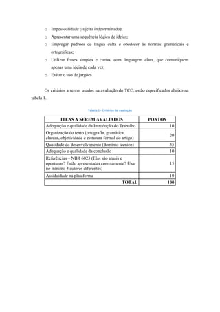 o Impessoalidade (sujeito indeterminado);
o Apresentar uma sequência lógica de ideias;
o Empregar padrões de língua culta e obedecer às normas gramaticais e
ortográficas;
o Utilizar frases simples e curtas, com linguagem clara, que comuniquem
apenas uma ideia de cada vez;
o Evitar o uso de jargões.
Os critérios a serem usados na avaliação do TCC, estão especificados abaixo na
tabela 1.
Tabela 1 - Critérios de avaliação
ITENS A SEREM AVALIADOS PONTOS
Adequação e qualidade da Introdução do Trabalho 10
Organização do texto (ortografia, gramática,
clareza, objetividade e estrutura formal do artigo)
20
Qualidade do desenvolvimento (domínio técnico) 35
Adequação e qualidade da conclusão 10
Referências – NBR 6023 (Elas são atuais e
oportunas? Estão apresentadas corretamente? Usar
no mínimo 4 autores diferentes)
15
Assiduidade na plataforma 10
TOTAL 100
 