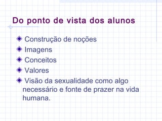 Do ponto de vista dos alunos
Construção de noções
Imagens
Conceitos
Valores
Visão da sexualidade como algo
necessário e fonte de prazer na vida
humana.
 