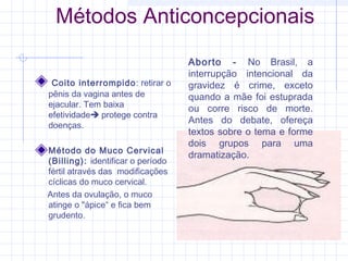 Métodos Anticoncepcionais
Coito interrompido: retirar o
pênis da vagina antes de
ejacular. Tem baixa
efetividade protege contra
doenças.
Método do Muco Cervical
(Billing): identificar o período
fértil através das modificações
cíclicas do muco cervical.
Antes da ovulação, o muco
atinge o "ápice“ e fica bem
grudento. 
Aborto - No Brasil, a
interrupção intencional da
gravidez é crime, exceto
quando a mãe foi estuprada
ou corre risco de morte.
Antes do debate, ofereça
textos sobre o tema e forme
dois grupos para uma
dramatização.
 