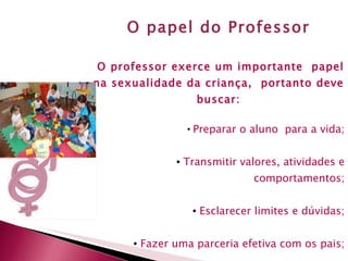 O papel do Professor O professor exerce um importante  papel na sexualidade da criança,  portanto deve buscar: Preparar o aluno  para a vida; Transmitir valores, atividades e comportamentos; Esclarecer limites e dúvidas; Fazer uma parceria efetiva com os pais; Desenvolver um processo participativo em prol do conhecimento.  