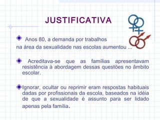 JUSTIFICATIVA
Anos 80, a demanda por trabalhos
na área da sexualidade nas escolas aumentou ...
Acreditava-se que as famílias apresentavam
resistência à abordagem dessas questões no âmbito
escolar.
Ignorar, ocultar ou reprimir eram respostas habituais
dadas por profissionais da escola, baseados na idéia
de que a sexualidade é assunto para ser lidado
apenas pela família.
 