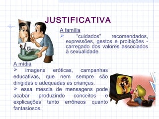JUSTIFICATIVA
A família
 “cuidados” recomendados,
expressões, gestos e proibições -
carregado dos valores associados
à sexualidade.
A mídia
 imagens eróticas, campanhas
educativas, que nem sempre são
dirigidas e adequadas as crianças.
 essa mescla de mensagens pode
acabar produzindo conceitos e
explicações tanto errôneos quanto
fantasiosos.
 