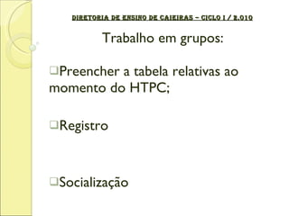 DIRETORIA DE ENSINO DE CAIEIRAS – CICLO I / 2.010 Trabalho em grupos: Preencher a tabela relativas ao momento do HTPC; Registro Socialização 