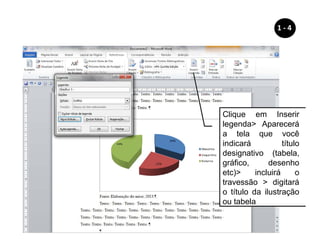 Clique em Inserir
legenda Aparecerá
a tela que você
indicará título
designativo (tabela,
gráfico, desenho
etc) incluirá o
travessão  digitará
o título da ilustração
ou tabela
1 - 4
 