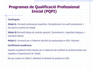 Programes de Qualificació Professional Inicial (PQPI)Continguts:Mòdul A. Formació professional específica: Competències d'un perfil professional + formació en centres de treball. Mòdul B.Formació bàsica de caràcter general:Coneixements i capacitats bàsiques + orientació laboralMòdul C.Formació per a l'obtenció del títol de graduat/ada en ESO. Voluntari.Certificació acadèmica:Aquesta acreditació tindrà efectes per a l'obtenció del certificat de professionalitat que expedeix el Departament de Treball. Els que superin el mòdul C obtindran la titulació de graduat en ESO