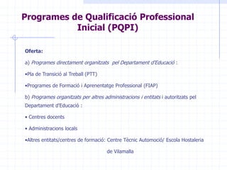 Programes de Qualificació Professional Inicial (PQPI)<br />Oferta:<br />a) Programes directament organitzats  pel Departam...