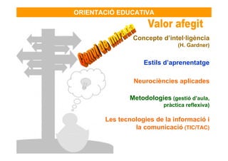 ORIENTACIÓ EDUCATIVA


                Concepte d’intel·ligència
                               (H. Gardner)


                   Estils d’aprenentatge

                Neurociències aplicades

               Metodologies (gestió d’aula,
                          pràctica reflexiva)

       Les tecnologies de la informació i
                la comunicació (TIC/TAC)
 