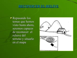 RECONOCER EL RELIVE Repasando los temas que hemos visto hasta ahora, seremos capaces de reconocer  el relieve del terreno y situarlo en el mapa 