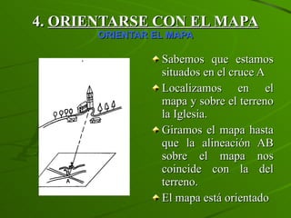 4.  ORIENTARSE CON EL MAPA   ORIENTAR EL MAPA Sabemos que estamos situados en el cruce A Localizamos en el mapa y sobre el terreno la Iglesia. Giramos el mapa hasta que la alineación AB sobre el mapa nos coincide con la del terreno. El mapa está orientado 