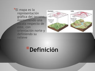 *El mapa es la
  representación
  gráfica del terreno,
  manteniendo una
  escala respecto de
  este, con
  orientación norte y
  definiendo su
  relieve



        *Definición
 