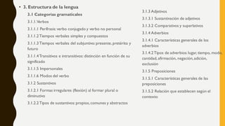 • 3. Estructura de la lengua
3.1 Categorías gramaticales
3.1.1.Verbos
3.1.1.1 Perífrasis:verbo conjugado y verbo no personal
3.1.1.2Tiempos verbales simples y compuestos
3.1.1.3Tiempos verbales del subjuntivo:presente,pretérito y
futuro
3.1.1.4Transitivos e intransitivos: distinción en función de su
significado
3.1.1.5 Impersonales
3.1.1.6 Modos del verbo
3.1.2 Sustantivos
3.1.2.1 Formas irregulares (flexión) al formar plural o
diminutivo
3.1.2.2Tipos de sustantivos:propios,comunes y abstractos
3.1.3 Adjetivos
3.1.3.1 Sustantivación de adjetivos
3.1.3.2 Comparativos y superlativos
3.1.4 Adverbios
3.1.4.1 Características generales de los
adverbios
3.1.4.2Tipos de adverbios:lugar, tiempo, modo,
cantidad,afirmación, negación,adición,
exclusión
3.1.5 Preposiciones
3.1.5.1 Características generales de las
preposiciones
3.1.5.2 Relación que establecen según el
contexto
 