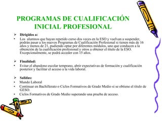 PROGRAMAS DE CUALIFICACIÓN INICIAL PROFESIONAL Dirigidos a: Los  alumnos que hayan repetido curso dos veces en la ESO y vuelvan a suspender, podrán pasar a los nuevos Programas de Cualificación Profesional si tienen más de 16 años y menos de 21, pudiendo optar por diferentes módulos, uno que conducen a la obtención de la cualificación profesional y otros a obtener el título de la ESO. Excepcionalmente, se podrá acceder con 15 años. Finalidad: Evitar el abandono escolar temprano, abrir expectativas de formación y cualificación posterior y facilitar el acceso a la vida laboral. Salidas: •  Mundo Laboral •  Continuar en Bachillerato o Ciclos Formativos de Grado Medio si se obtiene el título de GESO. •  Ciclos Formativos de Grado Medio superando una prueba de acceso. 