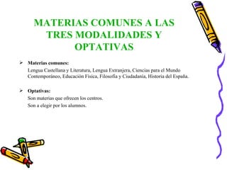 MATERIAS COMUNES A LAS TRES MODALIDADES Y OPTATIVAS Materias comunes: Lengua Castellana y Literatura, Lengua Extranjera, Ciencias para el Mundo Contemporáneo, Educación Física, Filosofía y Ciudadanía, Historia del España. Optativas:   Son materias que ofrecen los centros. Son a elegir por los alumnos. 
