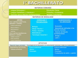 1º1º BACHILLERATOBACHILLERATO
MATERIAS COMUNES
• Lengua Extranjera I
• Lengua Castellana y Literatura I
• Ciencias para el Mundo Contemporáneo
• Educación Física
• Filosofía y Ciudadanía
• Religión (voluntaria)
MATERIAS DE MODALIDAD
ARTES
VÍA 1:ARTES PLÁSTICAS,
IMAGEN Y DISEÑO.
• Cultura audiovisual.
• Dibujo artístico I
• Dibujo técnico I
• Volumen
VÍA 2:ARTES ESCÉNICAS.
MÚSICA Y DANZA.
• Análisis musical I
• Artes escénicas
• Cultura audiovisual.
• Lenguaje y práctica musical.
CIENCIAS Y
TECNOLOGÍA
• Biología
• Dibujo Técnico I
• Física y Química
• Matemáticas I
• Tecnología Industrial I
HUMANIDADES Y
CC.SOCIALES
• Economía
• Matemáticas aplicadas a las
ciencias sociales
• Historia del Mundo
Contemporáneo
• Griego I
• Latín I
OPTATIVAS
•Segunda lengua extranjera -Tecnologías de la información y la comunicación (comunes a todas las modalidades)
•Matemáticas de la forma
• Talleres artísticos
•Cultura audiovisual
• Música
• Psicología
•Cultura audiovisual
• Música
• Psicología
• Fundamentos de admin. y gestión
 