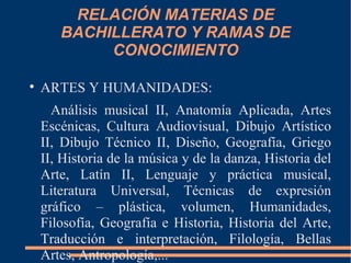 RELACIÓN MATERIAS DE
       BACHILLERATO Y RAMAS DE
            CONOCIMIENTO


    ARTES Y HUMANIDADES:
      Análisis musical II, Anatomía Aplicada, Artes
    Escénicas, Cultura Audiovisual, Dibujo Artístico
    II, Dibujo Técnico II, Diseño, Geografía, Griego
    II, Historia de la música y de la danza, Historia del
    Arte, Latín II, Lenguaje y práctica musical,
    Literatura Universal, Técnicas de expresión
    gráfico – plástica, volumen, Humanidades,
    Filosofía, Geografía e Historia, Historia del Arte,
    Traducción e interpretación, Filología, Bellas
    Artes, Antropología,...
 