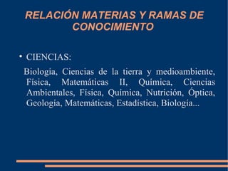 RELACIÓN MATERIAS Y RAMAS DE
           CONOCIMIENTO


    CIENCIAS:
    Biología, Ciencias de la tierra y medioambiente,
    Física, Matemáticas II, Química, Ciencias
    Ambientales, Física, Química, Nutrición, Óptica,
    Geología, Matemáticas, Estadística, Biología...
 