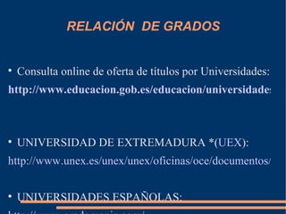 RELACIÓN DE GRADOS



    Consulta online de oferta de títulos por Universidades:
http://www.educacion.gob.es/educacion/universidades/ed




    UNIVERSIDAD DE EXTREMADURA *(UEX):
http://www.unex.es/unex/unex/oficinas/oce/documentos/gra


    UNIVERSIDADES ESPAÑOLAS:
 