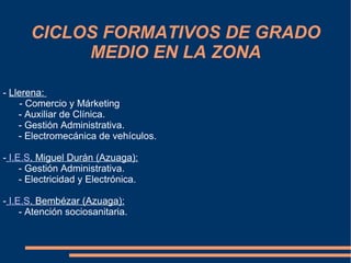 CICLOS FORMATIVOS DE GRADO
            MEDIO EN LA ZONA

- Llerena:
    - Comercio y Márketing
    - Auxiliar de Clínica.
    - Gestión Administrativa.
    - Electromecánica de vehículos.

- I.E.S. Miguel Durán (Azuaga):
     - Gestión Administrativa.
     - Electricidad y Electrónica.

- I.E.S. Bembézar (Azuaga):
     - Atención sociosanitaria.
 
