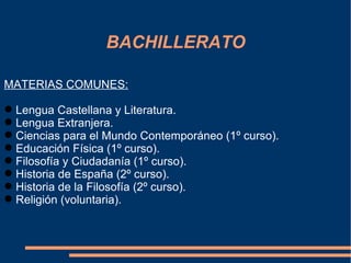 BACHILLERATO

MATERIAS COMUNES:

 Lengua Castellana y Literatura.
 Lengua Extranjera.
 Ciencias para el Mundo Contemporáneo (1º curso).
 Educación Física (1º curso).
 Filosofía y Ciudadanía (1º curso).
 Historia de España (2º curso).
 Historia de la Filosofía (2º curso).
 Religión (voluntaria).
 