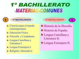 Ciencias para el mundo
contemporáneo
Educación Física.
Filosofía y Ciudadanía.
Lengua Castellana y
Literatura I.
Lengua Extranjera I.
Religión/ Alternativa.
Historia de la filosofía.
Historia de España.
Lengua Castellana y
Literatura II.
Lengua Extranjera II.
1º BACHILLERATO 2º BACHILLERATO6 5
 