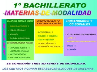 • DIBUJO ARTÍSTICO I
• DIBUJO TÉCNICO I
• VOLUMEN
• CULTURA AUDIOVISUAL
• ANÁLISIS MUSICAL I
• ANATOMÍA APLICADA
• ARTES ESCÉNICAS
• CULTURA AUDIOVISUAL
• MATEMÁTICAS I
• BIOLOGÍA Y GEOLOGÍA
• FÍSICA Y QUÍMICA
• DIBUJO TÉCNICO I
• TECNOLOGÍA INDUSTRIAL I
• Hª DEL MUNDO CONTEMPORÁNEO
• LATÍN I
• MATEMÁTICAS APLICADAS CCSS I
• GRIEGO I
• ECONOMÍA
 