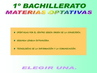 OFERTADAS POR EL CENTRO SEGÚN ORDEN DE LA CONSEJERÍA.
SEGUNDA LENGUA EXTRANJERA.
TECNOLOGÍAS DE LA INFORMACIÓN Y LA COMUNICACIÓN.
 