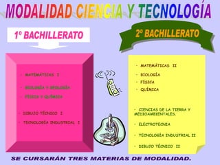 • MATEMÁTICAS II
• MATEMÁTICAS I
• BIOLOGÍA Y GEOLOGÍA
• FÍSICA Y QUÍMICA
• DIBUJO TÉCNICO I
• TECNOLOGÍA INDUSTRIAL I
• BIOLOGÍA
• FÍSICA
• QUÍMICA
• ELECTROTECNIA
• CIENCIAS DE LA TIERRA Y
MEDIOAMBIENTALES.
• TECNOLOGÍA INDUSTRIAL II
• DIBUJO TÉCNICO II
 