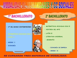 • Hª DEL MUNDO CONTEMPORÁNEO
• LATÍN I
• MATEMÁTICAS APLICADAS CCSS I
• GRIEGO I
• ECONOMÍA
• GRIEGO II
• ECONOMÍA DE EMPRESA
• MATEMÁTICAS APLICADAS CCSS II
• LITERATURA UNIVERSAL
• HISTORIA DEL ARTE
• LATÍN II
• GEOGRAFÍA
 