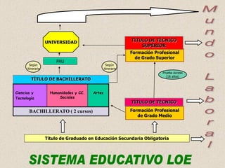 Título de Graduado en Educación Secundaria Obligatoria
Formación Profesional
de Grado Medio
TÍTULO DE TÉCNICO
TÍTULO DE BACHILLERATO
Ciencias y
Tecnología
Humanidades y CC.
Sociales
Artes
BACHILLERATO ( 2 cursos)
Formación Profesional
de Grado Superior
Prueba Acceso
(18 años)
UNIVERSIDAD TÍTULO DE TÉCNICO
SUPERIOR
Según
itinerario
PAU
Según
itinerario
 
