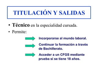 TITULACIÓN Y SALIDAS
• Técnico en la especialidad cursada.
• Permite:
Incorporarse al mundo laboral.
Continuar la formación a través
de Bachillerato.
Acceder a un CFGS mediante
prueba si se tiene 18 años.
 