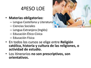 4ºESO LOE
• Materias obligatorias:
– Lengua Castellana y Literatura
– Ciencias Sociales
– Lengua Extranjera (Inglés)
– Educación Ético-Cívica
– Educación Física
• En todos los cursos se elige entre Religión
católica, historia y cultura de las religiones, o
actividad de estudio.
• Los itinerarios no son prescriptivos, son
orientativos.
 