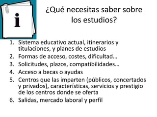 ¿Qué necesitas saber sobre
los estudios?
1. Sistema educativo actual, itinerarios y
titulaciones, y planes de estudios
2. Formas de acceso, costes, dificultad…
3. Solicitudes, plazos, compatibilidades…
4. Acceso a becas o ayudas
5. Centros que las imparten (públicos, concertados
y privados), características, servicios y prestigio
de los centros donde se oferta
6. Salidas, mercado laboral y perfil
 