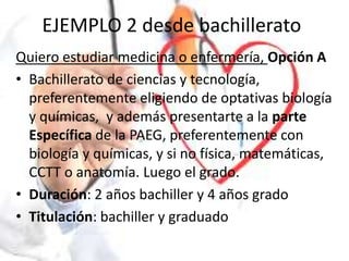 EJEMPLO 2 desde bachillerato
Quiero estudiar medicina o enfermería, Opción A
• Bachillerato de ciencias y tecnología,
preferentemente eligiendo de optativas biología
y químicas, y además presentarte a la parte
Específica de la PAEG, preferentemente con
biología y químicas, y si no física, matemáticas,
CCTT o anatomía. Luego el grado.
• Duración: 2 años bachiller y 4 años grado
• Titulación: bachiller y graduado
 