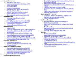 • Hostelería y Turismo
– Agencias de Viajes (LOGSE)
– Información y Comercialización Turísticas (LOGSE)
– Restauración (LOGSE)
– Alojamiento (LOGSE)
– Animación Turística (LOGSE)
– Agencias de Viajes y Gestión de Eventos (LOE)
– Dirección de Cocina (LOE)
– Dirección de Servicios de Restauración (LOE)
– Gestión de Alojamientos Turísticos (LOE)
– Guía, Información y Asistencias Turísticas (LOE)
• Imagen Personal
– Asesoría de Imagen Personal (LOGSE)
– Estética (LOGSE)
– Asesoría de Imagen Personal y Corporativa (LOE)
– Caracterización y Maquillaje Profesional (LOE)
– Estética Integral y Bienestar (LOE)
– Estilismo y Dirección de Peluquería (LOE)
• Imagen y Sonido
– Imagen (LOGSE)
– Producción de Audiovisuales, Radio y Espectáculos (LOGSE)
– Realización de Audiovisuales y Espectáculos (LOGSE)
– Sonido (LOGSE)
– Animaciones 3D, Juegos y Entornos Interactivos (LOE)
– Iluminación, Captación y Tratamiento de la Imagen (LOE)
– Producción de Audiovisuales y Espectáculos (LOE)
– Realización de Proyectos Audiovisuales y Espectáculos (LOE)
– Sonido para Audiovisuales y Espectáculos (LOE)
• Industrias Alimentarias
– Industria Alimentaria (LOGSE)
– Procesos y Calidad en la Industria Alimentaria (LOE)
– Vitivinicultura (LOE)
• Informática y Comunicaciones
– Desarrollo de Aplicaciones Informáticas (LOGSE)
– Administración de Sistemas Informáticos (LOGSE)
– Administración de Sistemas Informáticos en Red (LOE)
– Desarrollo de Aplicaciones Multiplataforma (LOE)
– Desarrollo de Aplicaciones Web (LOE)
• Instalación y Mantenimiento
– Desarrollo de Proyectos de Instalaciones de Fluídos, Térmicas y
de Manutención (LOGSE)
– Mantenimiento de Equipo Industrial (LOGSE)
– Mantenimiento y Montaje de Instalaciones de Edificio y Proceso
(LOGSE)
– Prevención de Riesgos Profesionales (LOGSE)
– Desarrollo de Proyectos de Instalaciones Térmicas y de Fluidos
(LOE)
– Mantenimiento de Instalaciones Térmicas y de Fluidos (LOE)
– Mecatrónica Industrial (LOE)
• Madera, Mueble y Corcho
– Desarrollo de Productos en Carpintería y Mueble (LOGSE)
– Producción de Madera y Mueble (LOGSE)
– Diseño y Amueblamiento (LOE)
• Marítimo - Pesquera
– Navegación, Pesca y Transporte Marítimo (LOGSE)
– Producción Acuícola (LOGSE)
– Supervisión y Control de Máquinas e Instalaciones del Buque
(LOGSE)
– Acuicultura (LOE)
– Organización del Mantenimiento de Maquinaria de Buques y
Embarcaciones (LOE)
– Transporte Marítimo y Pesca de Altura (LOE)
• Química
– Análisis y Control (LOGSE)
– Industrias de Proceso de Pasta y Papel (LOGSE)
– Industrias de Proceso Químico (LOGSE)
– Fabricación de Productos Farmacéuticos y Afines (LOGSE)
– Plásticos y Caucho (LOGSE)
– Química Ambiental (LOGSE)
– Fabricación de Productos Farmacéuticos, Biotecnológicos y Afines
(LOE)
– Laboratorio de Análisis y de Control de Calidad (LOE)
– Química Industrial (LOE)
 
