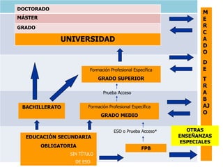 M
E
R
C
A
D
O
D
E
T
R
A
B
AJ
O
Formación Profesional Específica
GRADO SUPERIOR
BACHILLERATO
EDUCACIÓN SECUNDARIA
OBLIGATORIA
SIN TÍTULO
DE ESO
Prueba Acceso
Formación Profesional Específica
GRADO MEDIO
ESO o Prueba Acceso*
FPB
DOCTORADO
MÁSTER
GRADO
UNIVERSIDAD
OTRAS
ENSEÑANZAS
ESPECIALES
 