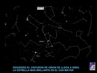 SIGUIENDO EL CINTURON DE ORION SE LLEGA A SIRIO, LA ESTRELLA MAS BRILLANTE EN EL CAN MAYOR Alnitak  ζ Sirio  α 