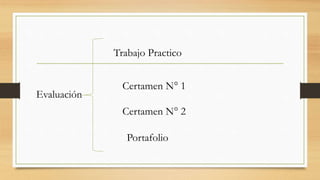 Evaluación
Trabajo Practico
Certamen N° 1
Certamen N° 2
Portafolio
 