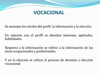VOCACIONALSe manejan los niveles del perfil, la información y la elección.En relación con el perfil se abordan intereses, aptitudes, habilidades. Respecto a la información se refiere a la información de las áreas ocupacionales y profesionales. Y en la elección se refiere al proceso de decisión y elección vocacional. 
