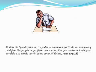 El docente “puede orientar o ayudar al alumno a partir de su situación y cualificación propia de profesor con una acción que realiza además y en paralelo a su propia acción como docente” (Mora, Juan. 1991:28)