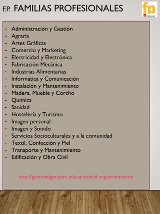 F.P. FAMILIAS PROFESIONALES
- Administración y Gestión
- Agraria
- Artes Gráficas
- Comercio y Marketing
- Electricidad y Electrónica
- Fabricación Mecánica
- Industrias Alimentarias
- Informática y Comunicación
- Instalación y Mantenimiento
- Madera, Mueble y Corcho
- Química
- Sanidad
- Hostelería y Turismo
- Imagen personal
- Imagen y Sonido
- Servicios Socioculturales y a la comunidad
- Textil, Confección y Piel
- Transporte y Mantenimiento
- Edificación y Obra Civil
http://gestiondgmejora.educa.madrid.org/orientacion/
 