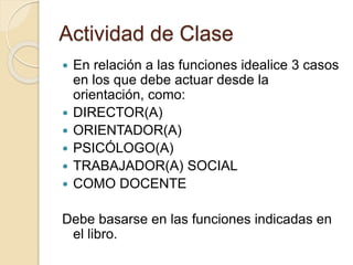  En relación a las funciones idealice 3 casos
en los que debe actuar desde la
orientación, como:
 DIRECTOR(A)
 ORIENTADOR(A)
 PSICÓLOGO(A)
 TRABAJADOR(A) SOCIAL
 COMO DOCENTE
Debe basarse en las funciones indicadas en
el libro.
Actividad de Clase
 