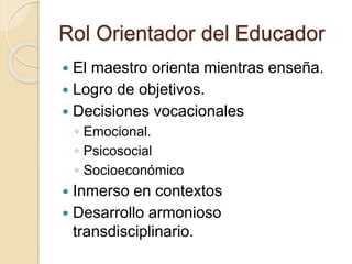 Rol Orientador del Educador
 El maestro orienta mientras enseña.
 Logro de objetivos.
 Decisiones vocacionales
◦ Emocional.
◦ Psicosocial
◦ Socioeconómico
 Inmerso en contextos
 Desarrollo armonioso
transdisciplinario.
 
