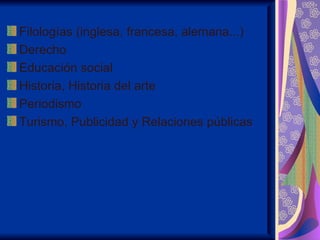 Filologías (inglesa, francesa, alemana...)
Derecho
Educación social
Historia, Historia del arte
Periodismo
Turismo, Publicidad y Relaciones públicas
 