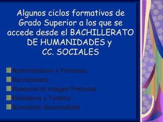 Algunos ciclos formativos de
   Grado Superior a los que se
accede desde el BACHILLERATO
     DE HUMANIDADES y
        CC. SOCIALES

 Administración y Finanzas
 Secretariado
 Asesoría de Imagen Personal
 Hostelería y Turismo
 Animación Sociocultural
 