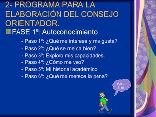 2- PROGRAMA PARA LA
ELABORACIÓN DEL CONSEJO
ORIENTADOR.
 FASE 1ª: Autoconocimiento
   - Paso 1º: ¿Qué me interesa y me gusta?
   - Paso 2º: ¿Qué se me da bien?
   - Paso 3º: Exploro mis capacidades
   - Paso 4º: ¿Cómo me veo?
   - Paso 5º: Mi historial académico
   - Paso 6º: ¿Qué me merece la pena?
                                             PÁG.
                                             5-10
 